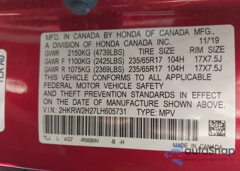 2020 Honda Cr-V Awd Lx z USA, uszkodzony, nr VIN 2HKRW2H27LH605731